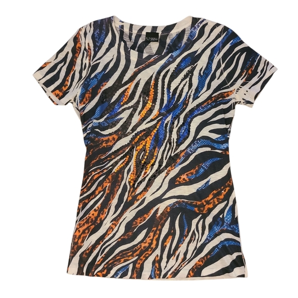 Buckle Daytrip Sequin Zebra Animal Print Orange Blue Fitted Graphic Tee Large - Picture 1 of 6